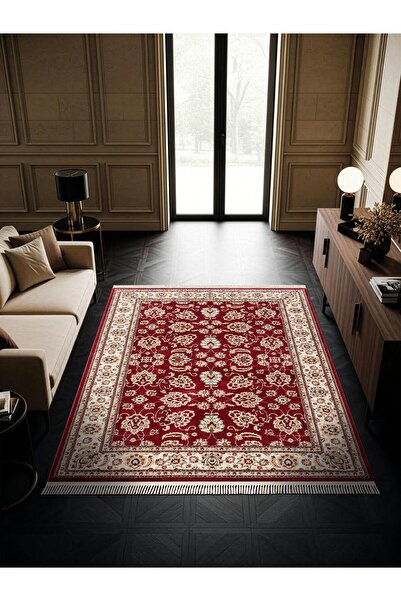 Cotto Home Fesane FN002J Bordo Pamuk Taban Etnik Çerçeve Desenli Salon Oturma...