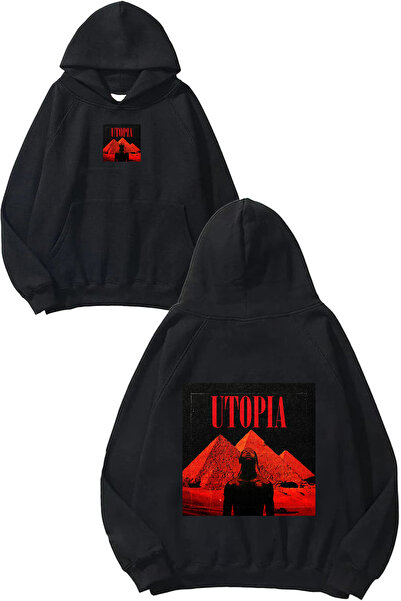 urbvn Utopia 2 Design Printed Oversize Black Hooded Sweatshirt