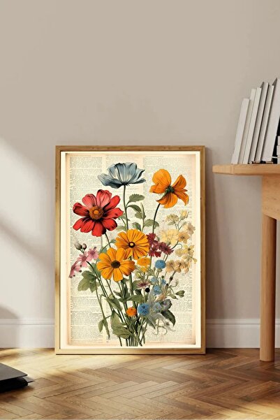 AR AJANS KANVAS TABLO Colorful Flowers on Newspaper Design Framed Mdf Painting