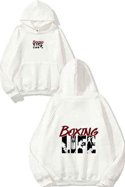 urbvn سويت شيرت أبيض كبير الحجم بقلنسوة مطبوع عليه تصميم شادو بوكسينج