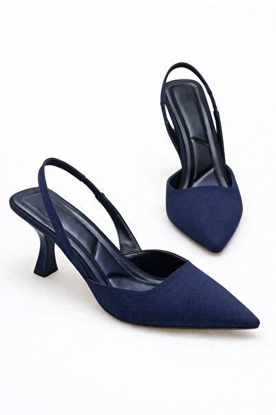 ELAIA SHOES Avira Navy Blue Thin Heeled Elastic Back Strap Stiletto Women's H...