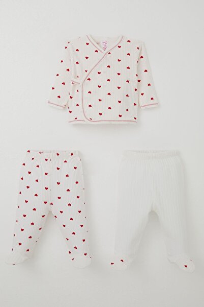 Breeze Baby Girl Hospital Release Set, 3-Piece Heart Patterned, 0-4 Months, Ecru