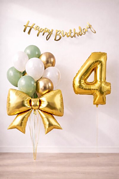 Patladı Gitti Gold Bow 4 Year Old Birthday Balloon Set