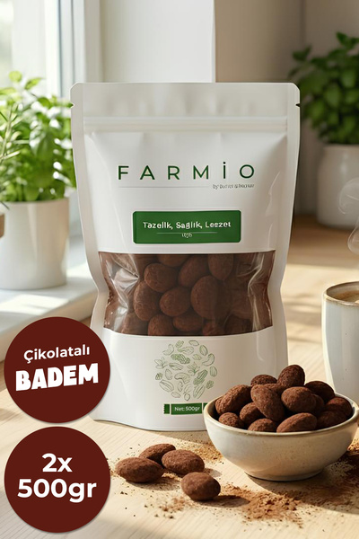 FARMİO Çikolata Kaplı Badem 1kg - Sütlü Çikolata Kaplı Kakaolu Draje - 2x500gr