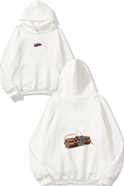 urbvn سويت شيرت أبيض كبير الحجم بقلنسوة مطبوع عليه تصميم تايمر بومب