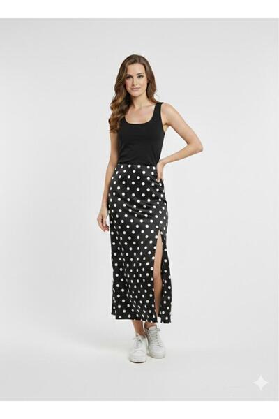 Green'DAL Fusta de damă cu buline, lungime midi, cu șliț, talie înaltă, elega...