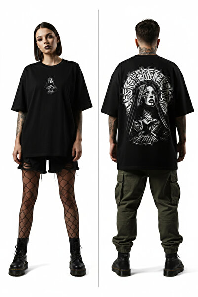 Cool mans Unisex Dark Streetwear Angel Printed Crew Neck Oversize Black T-Shirt