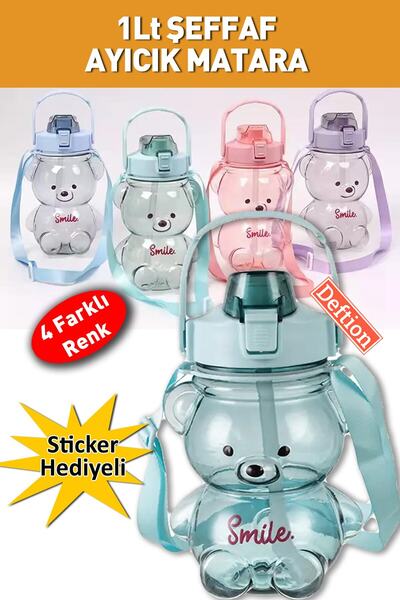 Deftion 1 Liter. Transparent Blue Green Cute Teddy Bear Water Bottle Motivati...