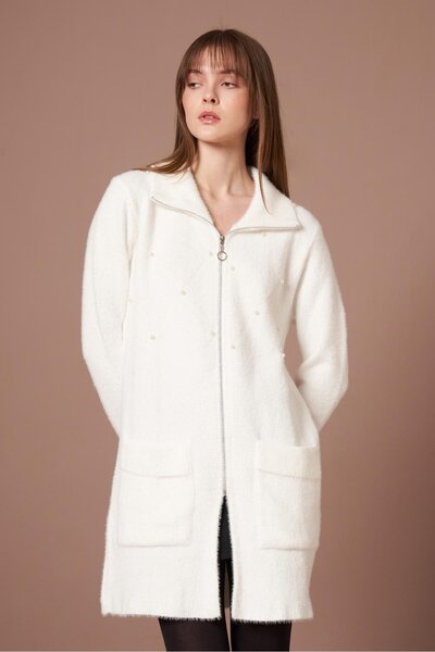 FTZ WOMEN Women's Pearl Detail Angora Coat Ecru 25040