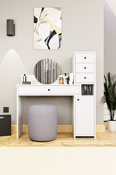 BAGAX Yuvarlak Aynalı Dolaplı Makyaj Masası, Çok Çekmeceli Raflı