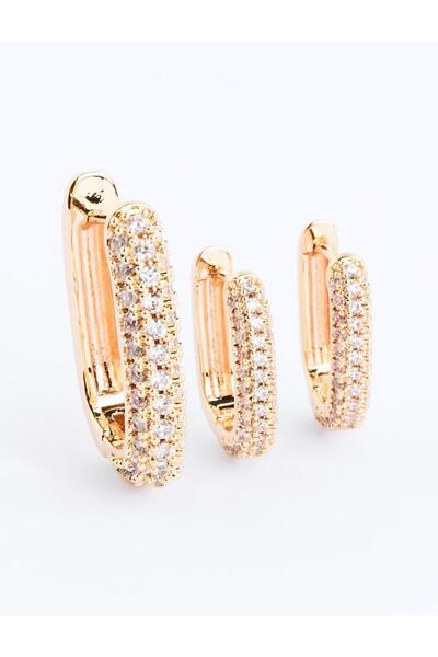 Jimmy Key Altın Rengi Parlak Taş Detaylı Kare Figürlü Küpe Seti