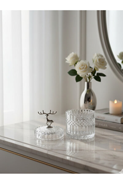 Furkan DEKORATİF KRİSTAL BÜYÜK BOY YUVARLAK CAM ŞEKERLİK GEYİKLİ GÜMÜŞ