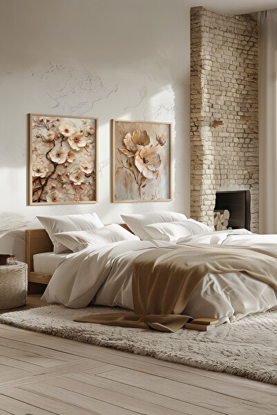 STARYUNA Wooden Framed Beige Floral Themed Double Painting Set Yuna527