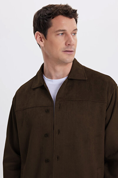 Tudors Men's Relax Fit Comfortable Cut Plain Suede Brown Jacket Shirt with Si...