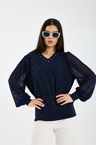 Moda Days Bluză de damă din tricotaj de viscoză, cu decolteu în V, cu detalii...