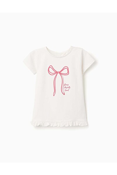 Ziddy T-shirt with Printed Bow and Ruffle Hem for Girls, White