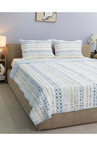 REDTAG Blue 3 Piece Printed Quilt Set (King Size)