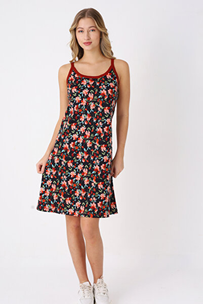 İntensive Floral Patterned 100% Cotton Women's Dress with Straps