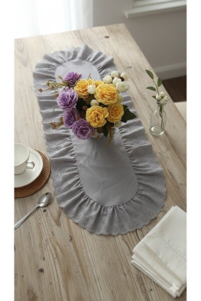 NURGİTA HOME Ruffled Scalloped Duck Linen Oval Runner & Decorative Cover & Co...
