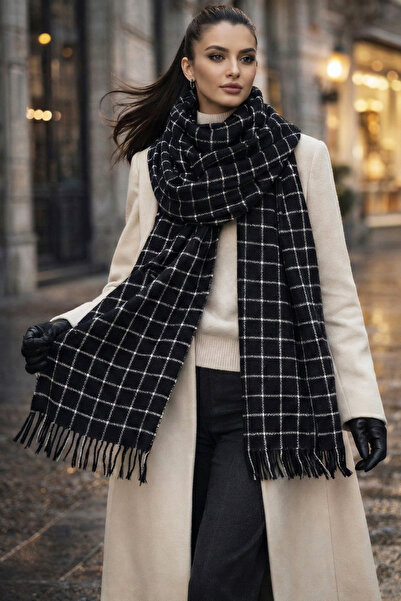 REMSA Square Patterned Scarf Shoulder Shawl 70X180 cm 1207 Black