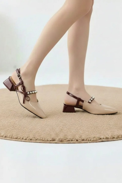 Nubbock Women's Brown Beige Bow and Bead Detailed Heeled Shoes Nk3108