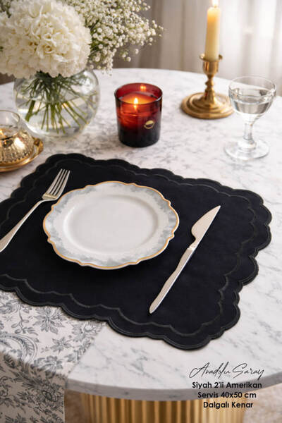 Anadolu Saray طقم من قطعتين من مفرش المائدة الفاخر ذو الحواف المموجة سهل الغس...