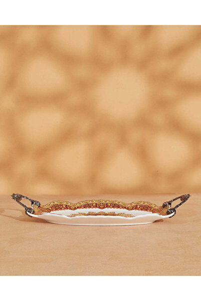 REDTAG طبق بورسلين بيضاوي أحمر مزين بالزهور مع مقابض