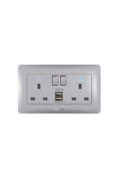 Milano 13A Twin Switched Socket with USB, Brushed Silver Metal Swtich for Hom...