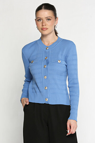 azragül giyim Crew Neck Buttoned Ribbed Knit Cardigan