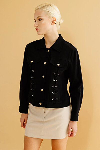 Ekol Women's Ornamental Pocketed Buttoned Black Jacket 06016