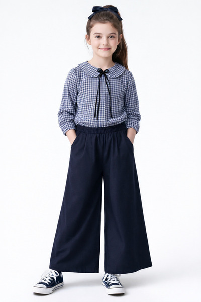 Angel&Co. Girls Clothing Girl's Navy Blue Wide-Leg Pants and Ribbon Shirt Set