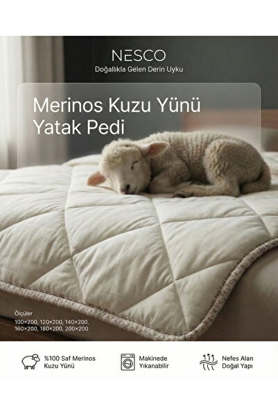 NESCO %100 Merinos Kuzu Yünü Yatak Pedi, Organik Yatak Koruyucu, Yıkanabilir ...