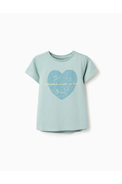 Ziddy تيشيرت قطني مطبوع عليه قلب للبنات، أخضر فاتح