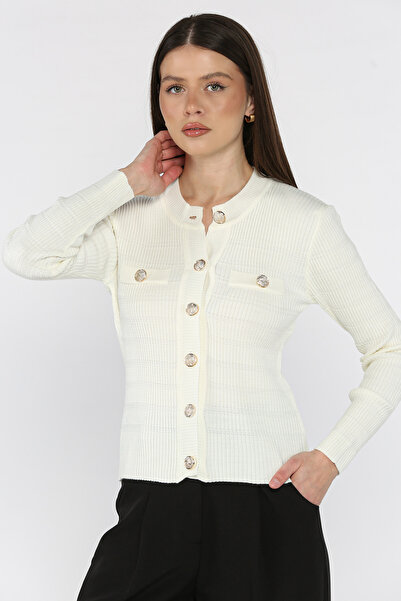 azragül giyim Crew Neck Buttoned Ribbed Knit Cardigan