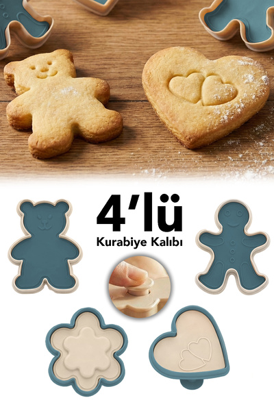 Meleni Home Set of 4 Press Cookie Molds - Teddy Bear Gingerman Flower Heart S...