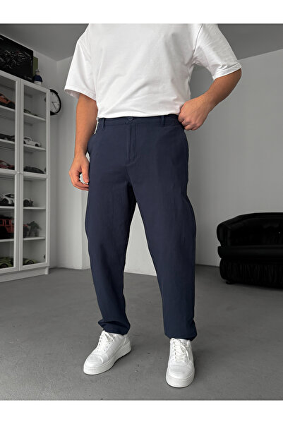 BYBASICMAN Navy Blue Linen Textured Regular Fit Trousers Tw-1009