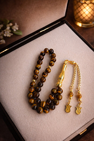 Eflatun Collection Kaplan Gözü Doğal Taş Tesbih – Altın Renk İmame & Zincir