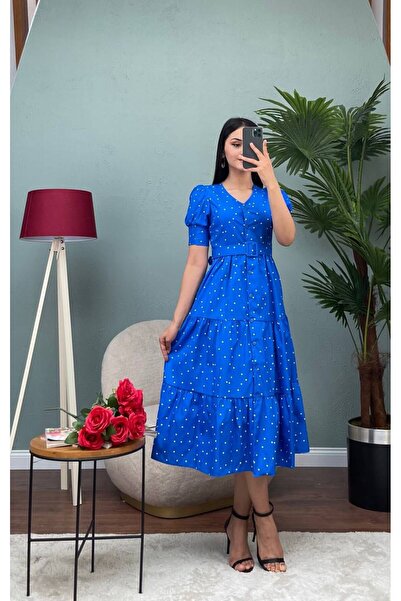 MY GRS POPLİN KUMAŞ V YAKA PUANTİYE DESEN ELBİSE