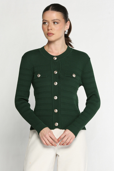 azragül giyim Crew Neck Buttoned Ribbed Knit Cardigan