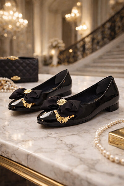 Gold Step ✨ Fiyonklu Altın Aksesuarlı Kadın Babet Ayakkabı (Siyah & Krem) – Z...