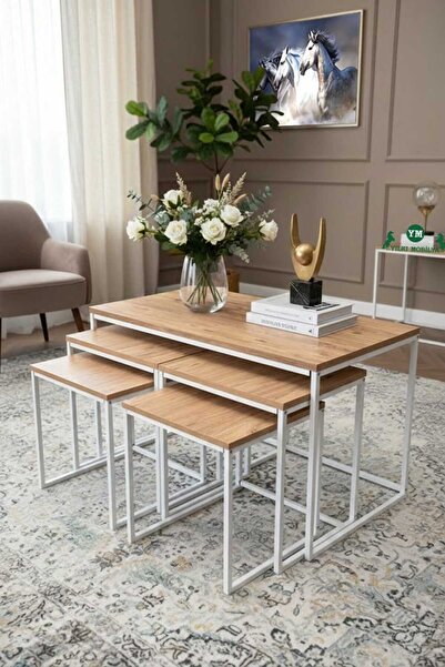 Yılkı Mobilya Çoklu Orta Sehpa Beyaz Metal Ayaklı