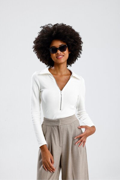 ROSE ARYA White Polo Neck Long Sleeve Blouse