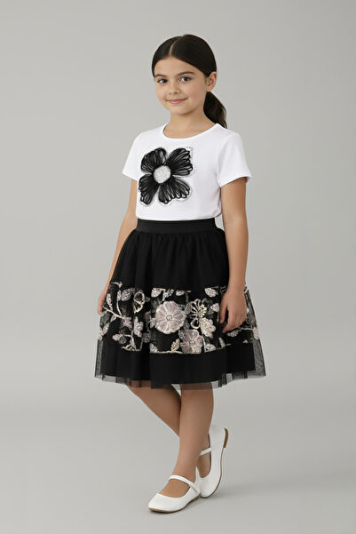 FATELLA Комплект за момичета с черна блуза с бродерия с цветя и пола от тюл с...