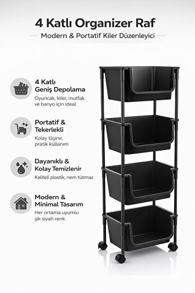 Single 4 Katlı Tekerlekli Organizer Oyuncak Dolabı Banyo Rafı Mutfak Rafı Kil...