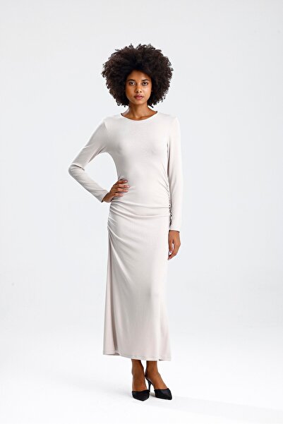 ROSE ARYA Stone-Colored Long Sleeve Side Gathered Long Dress