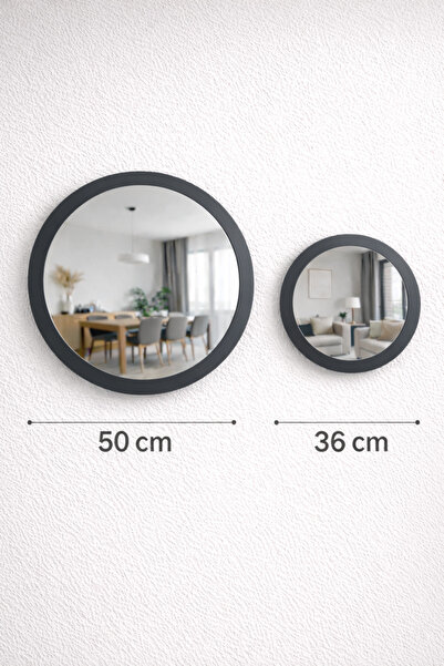 Digital 2'li Masif Ahşap Yuvarlak Ayna Seti (50+36 cm) - Doğal Ahşap Çerçevel...