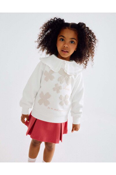 Ziddy Brushed Sweatshirt with Embossed Flowers for Girls, White