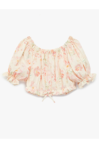 Koton Bluză crop florală cu mânecă scurtă, cu volane, din bumbac