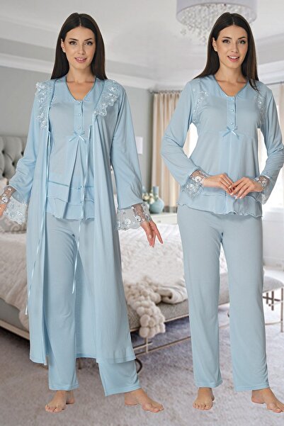 Lohusa Homewear Women's Blue Long Sleeve Elegant Lace Buttoned Cotton Materni...