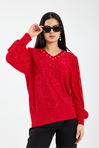 Moda Days Women's Red Pearl Detailed V-Neck Sequin Embroidered Viscose Knitwe...